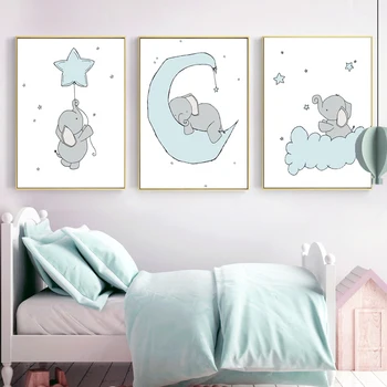Pink Elephant Luna Panza Poster Albastru Copii Fata De Copil Pepinieră Arta De Perete Tablou Pictura Nordică Copii Băiat Dormitor De Decorare