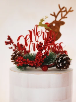 Crăciun Mori conuri de Pin Coroană de flori Tort Fân Ornamente Roșii Și Verzi, Fructe Coarne Xmas Party Tort de Decorare pentru Copii Favoruri