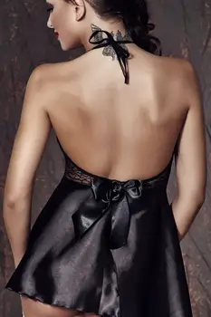 Femei Negru Ruched Scurt Satin Tifon cămașă de noapte sexy îmbrăcăminte pentru femei rochie de noapte luna de miere