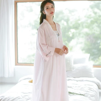 Halat, camasa de noapte Fata de Femei Pijamale Broderie Robă Lungă Chineză stil retro Halat Set