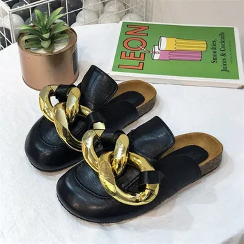 Design De Brand Femei Papuci De Casa De Moda Mare Lanț De Aur Sandale Pantofi Rotund Toe Slip Pe Catâri Toc Plat Casual Flip Slide-Uri