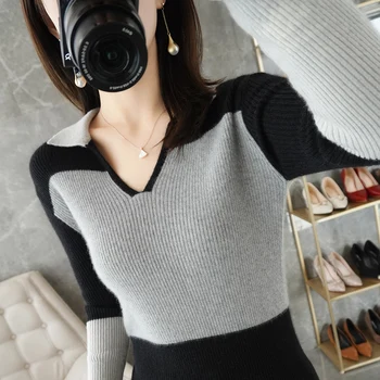 Pulover de cașmir femei V-neck pulover tricotat lână tricotate pulover elegant coreean slim de slabit doamnelor pulover