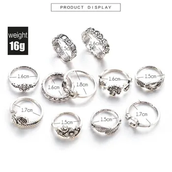11pcs Boho Degetul Bijuterii Geometrice Stras Ring Inele de Flori Pentru Femei Hllow Stivuire Inele de Argint de Epocă Culoare