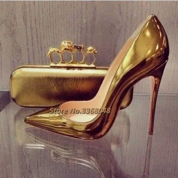 Metalic De Aur Tocuri Ascuțite Toe Stilet Toc Pompe Pentru Birou Doamnă Oglindă Strălucitoare Toc Stiletto Slip Pe Rochie Pantofi Femei