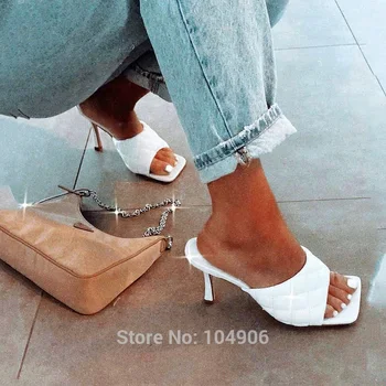 Marian Sqaure Toe Rosu Matlasat Catâr Tocuri de Pantofi PU Negru Pantofi cu Toc pentru Femei Sandale Sliper Femeie Pantofi zapatos mujer Alb Albastru