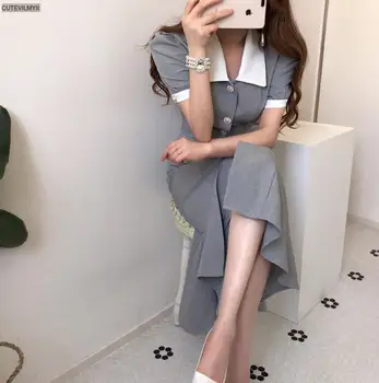 Elegante Femei Bodycon Coreean Rochie Lunga Cu Maneci Scurte Rândul Său, În Jos Guler Chic De Moda, Rochii Office Lady Pearl Butoane
