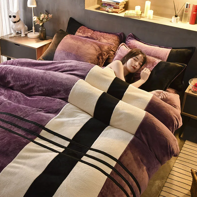 2021 sport nou stil fleece set de lenjerie de pat de iarna flanel de lână carpetă acopere stabilit grea gros AB bandă de catifea lenjerie de pat cald