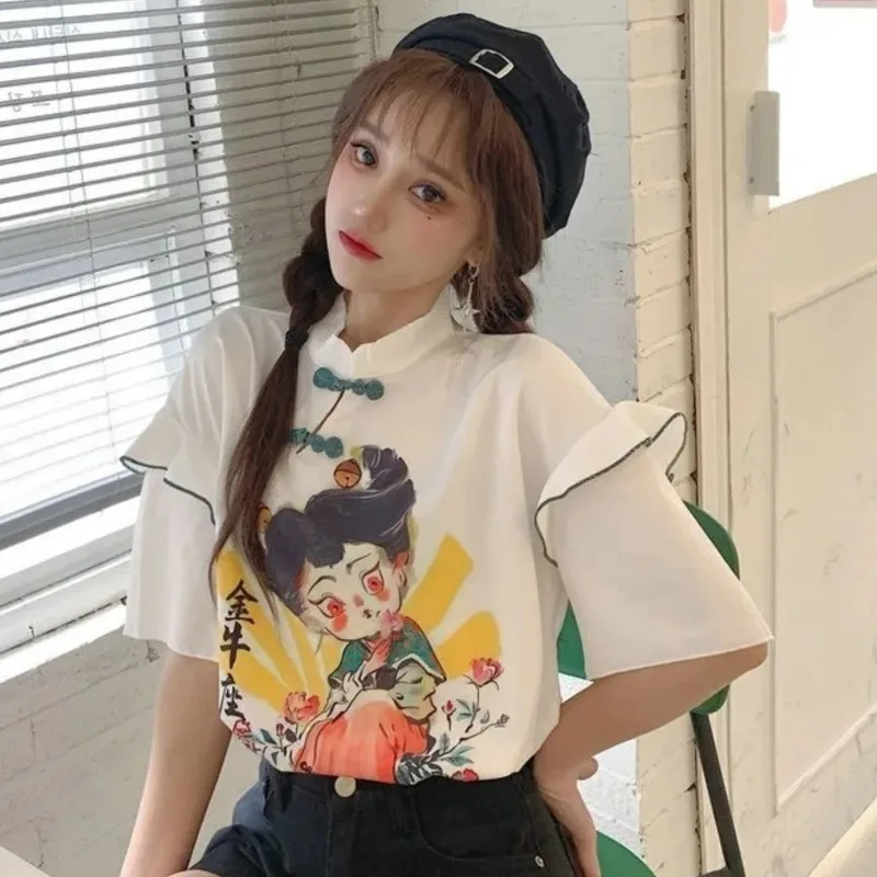 Kawai Femei Topuri Stil Chinezesc Bluze de Desene animate de Imprimare de Tricouri de Vara cu Maneci Scurte Blusas Harajuku tricouri Ropa Camisetas De Mujer