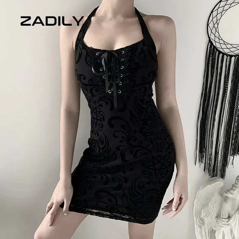 ZADILY Stil Gotic Gât-Montat cu Spatele gol Femei Negru Rochie Mini de Vară 2021 Y2K Sexy rochie fără Mâneci Bandaj Florale Șifon Rochii