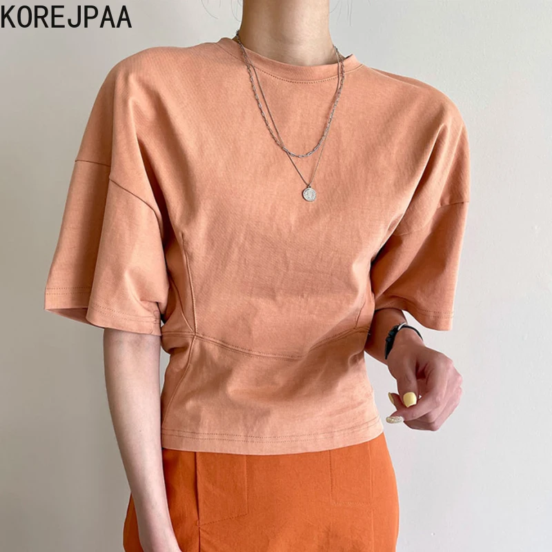 Korejpaa Femei T-Shirt 2021 Vara Coreean Chic Vârstă-Reducerea Bomboane De Culoare De Proiectare Gât Rotund Talie Subțire Cinci Puncte Maneca Pulover
