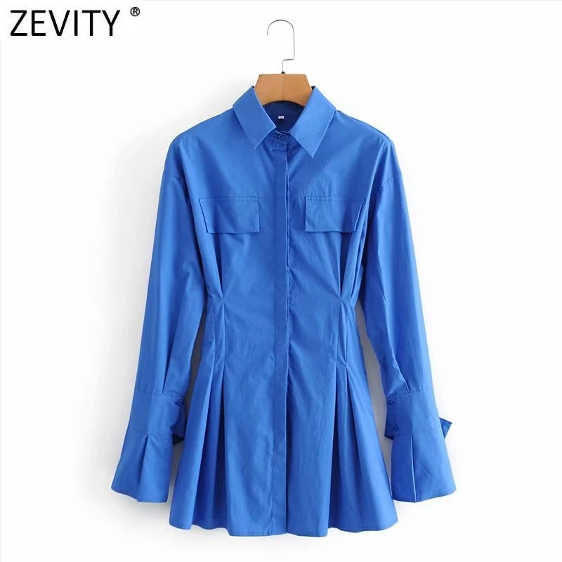 Zevity de Moda pentru Femei Buzunare Mari de Patch-uri de Talie Pliuri Casual Slim Halat Bluza Office Lady Afaceri Tricouri Chic Blusas Topuri LS9130