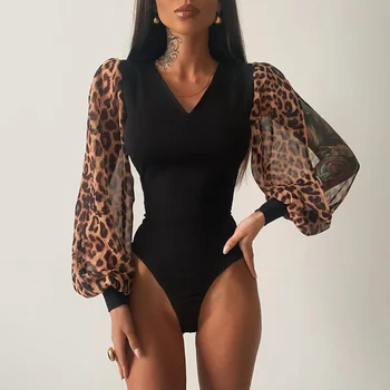 Vara Skinny Sexy Leopard Mozaic Costum Salopetă Pentru Femei Salopeta Doamna Felinar Sleeve Slim Costume Femei Top