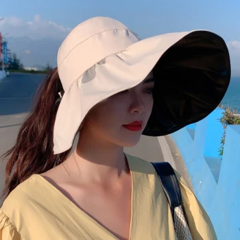 Palarie De Soare De Vară A Femeilor Coada De Cal Vizorul Margine Largă Protecție Uv Arc Plaja Pălăria Galbenă Doamnelor Palarie De Soare Doamnelor Pălării Capac Pliabil