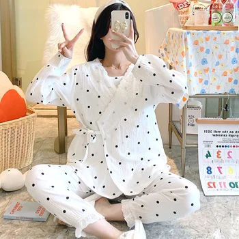 Bumbac Subțire de Lumină Tifon Maternitate Alăptează Pijamale Seturi de Dot Imprimate Halat, Pijamale Costum de Haine pentru Femeile Gravide în timpul Sarcinii