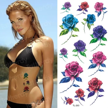 Tatuaj temporar autocolant violet floare trandafir tatuaj pentru femei fete temporal tatuaj detașabil, rezistent la apa corpul de artă tatuaj fals