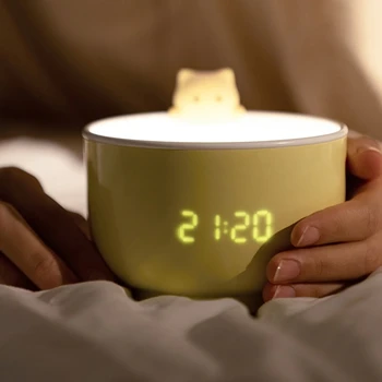 Drăguț LED Lumina de Noapte Ceas Deșteptător Ceașcă de ceai Pisica Lampa cu Senzor Tactil Nightlights USB Reîncărcabilă Lampă de Noptieră Lampa de Masa Pentru Copil Cadou