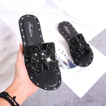 Vară strălucitoare papuci doamnelor flip flop fete ins stras slide-uri de femei pantofi plat negru papuci de plaja catâri