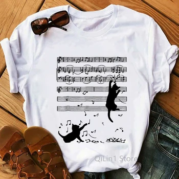 Rău Pisica Neagra Joacă Notă Muzicală Amuzant Tricouri Femei Albe De Vara Maneca Scurta Top Casual Pisoi Mama/Iubita Cadou Tricou