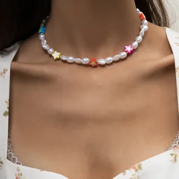 2021 Boho Nou Drăguț Lut Colorate Stele Imitație Pearl Colier Moda Goth Femei Lanț De Gât Cravată Colier Guler Bijuterii