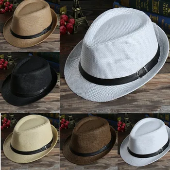 Oamenii Pălărie de Paie Țesute Parasolar Palarie Casual Pălărie Catarama Plaja Pălărie de Paie Soare de Nunta Alb Negru Curea Fedoras