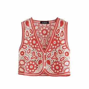 Za Femei 2021 Moda Broderii Florale Trunchiate Pulover Tricotate Vintage V Gâtului Fără Mâneci Femei Cardigan, Vesta Chic Topuri