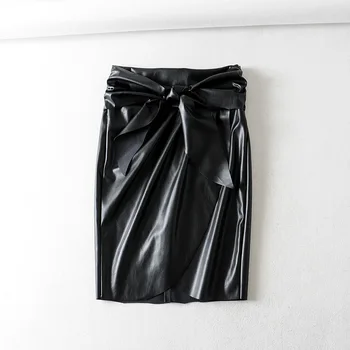 Sălbatice de Talie Mare Sac de Șold Neregulate Partea Neagră Za Fusta Feminin 2019 Slim Înnodate cu PU Imitatie Piele Fusta Faldas Mujer Moda