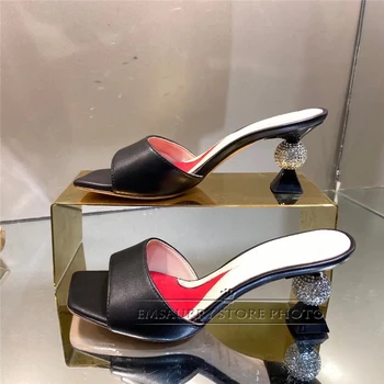 Unic Ștrasuri Din Mărgele De Cristal Ciudat Toc Catâri Doamna Summer Square Toe Din Piele Pantofi Sandale Pentru Fete Femei