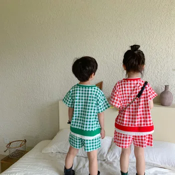 Stil coreean grupa de băieți și fete de moda de vara mozaic carouri de 2 buc seturi de vară fratele și sora costume de haine de bumbac