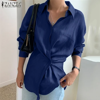 Femei Albastru Denim Bluza ZANZEA 2021 Primăvară Asimetrica cu Maneca Lunga Camasi Casual Solid Buton Rever Guler de Sus