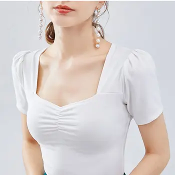 Vara eleganta Vintage Topuri Sexy Puff Maneca Pătrat Guler Femei T Shirt Plus Dimensiune Design Cutat coreean Slab OL Formale Tee