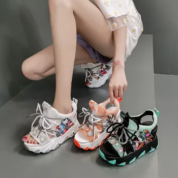Pene Sandale cu Platforma Femei de Vară 2020 Respirabil Pietre Tocuri inalte Pantofi Doamnelor Creșterea Înălțime de 8,5 cm Femei Sandale