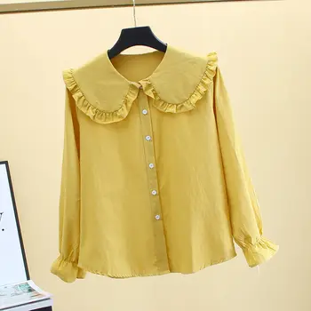 Japoneze 2021 Primăvară Fată Drăguț Peter Pan Guler Vintage De Culoare Solidă Drăguț Petală Complet Maneca Harajuku Tricou Femei Bluza Tricou
