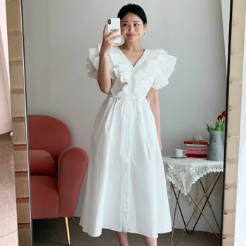 2021 Coreean Elegant V Gâtului Cutat Puffled Alb Rochie De Femei Vrac Leagăn Mare Bandaj Mult Doamnelor De Epocă Rochii Midi Haine