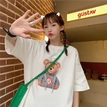 T-shirt de sex Feminin, Harajuku Ursul Desene animate cu Maneci Scurte Fata, Bumbac Imprimare Urs coreean Gât Rotund Liber Casual Kawaii Femei Top