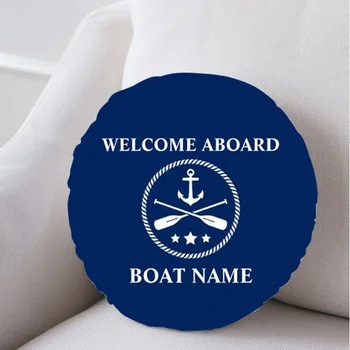 Nautical Navy Blue Barcă Cu Pânze Ancora Personalizate Rundă De Pernă Barca Nume Bun Venit La Bord Catifea Față De Pernă Decor Acasă 18