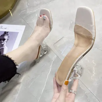 PVC Transparent Sandale Femei de Cristal Clar cu Toc Stiletto Sexy Pompe de Vară Pantofi Peep Toe Zapatillas Mujer Casa