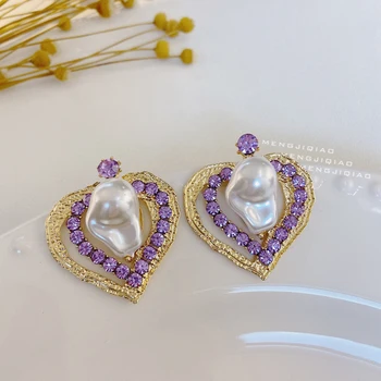 MENGJIQIAO coreea Moda Cristal Violet Dragoste Inima Stud Cercei Pentru Femeile Elegante Neregulate Perla Boucle D'oreille Bijuterii