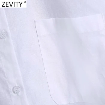 Zevity 2021 Femei pur și Simplu de Buzunar Patch-uri Solid Lenjerie Halat Bluza Office Lady Singur Pieptul Cămașă Casual Chic Blusas Topuri LS9452