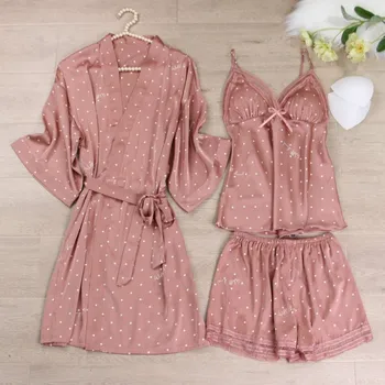 Pink Print Dot Haină De Nuntă Set De Pijamale Casual, Lenjerie Intima Cămașă De Noapte Cămașă De Noapte Moale Homewear Acasă Îmbrăcăminte Rochie Kimono