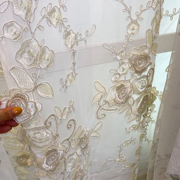 De lux Relief 3D Brodate Voile Perdea pentru camera de zi Dormitor Vila Romantic Violet Bej cu Flori Tul pe Fereastra