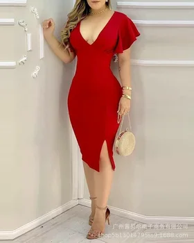 2021 nou roșu, ciufulit V-gât strâmt fantă rochie rochii pentru femei rochii de vară 2021