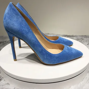 Tikicup Albastru Inchis Femei Turma A Subliniat Toe Stilet Tocuri Inalte Sythenic Piele De Căprioară Aluneca Pe Pompe Doamna Formale Pantofi Rochie Plus Dimensiune