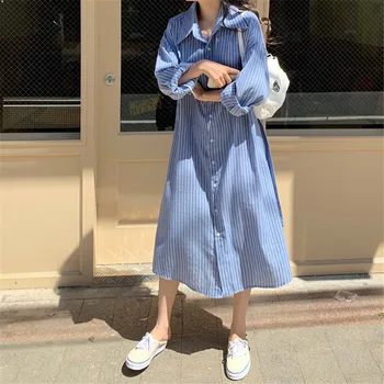 Femei Toamna Noua Moda Lungi Singur Pieptul Cu Dungi Rochie Office Lady Stil Coreean Rândul Său, În Jos Guler Vintage Casual Rochie Vrac