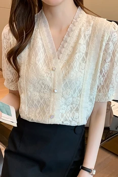 Vara Coreean Dantela Pentru Femei Cămăși Pentru Femei Maneca Scurta Bluza Femei Șifon Bluza Bluze Office Lady Cămașă Albă Topuri Negre