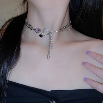FYUAN Violet Inima de Cristal Cravată Coliere pentru Femei Stil coreean Ciucure Lung Pandantiv Coliere Bijuterii