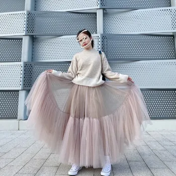 Vintage Roz Plisata Lunga Tul Fusta Tutu Femme de Talie Mare Pistă Moale Plasă Fuste Femei coreene 2021 Primăvară Nouă Jupe harajuku