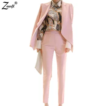 ZAWFL 2020 Toamna Noua Moda Femei OL Pantaloni Costum Set Volane Sacou+Pantaloni 2piese Îmbrăcăminte Set Haine Roz