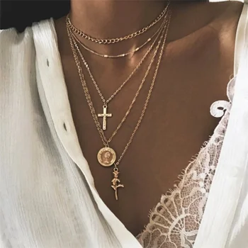 Boem cu mai Multe Straturi de lanturi si Coliere Pentru Femei Cruce de Aur Monedă Pandantiv Coliere de sex Feminin Cravată Colier Moda Bijuterii NOU
