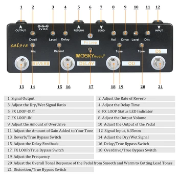 MOSKY Audio SOL918 5-în-1 Multi-Efect Chitara Pedala de Efect Combinat Chitara Pedala True Bypass Pedala Dispozitiv Reverb Delay FX Loop