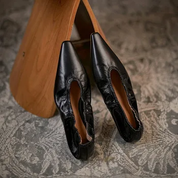 Femei Mocasini Pantofi Slip On Apartamente Primavara Toamna Anului 2021 Square Toe Din Piele Tocuri Joase Plisata Vintage Bunica Pantofi Marimea 42